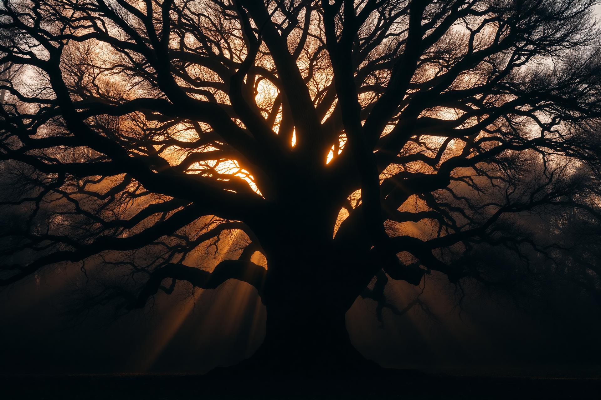 Ancient oak tree at golden hour